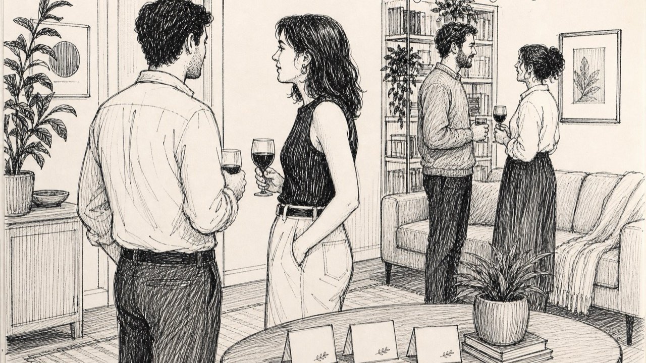 Guests talking in pairs at a warm gathering