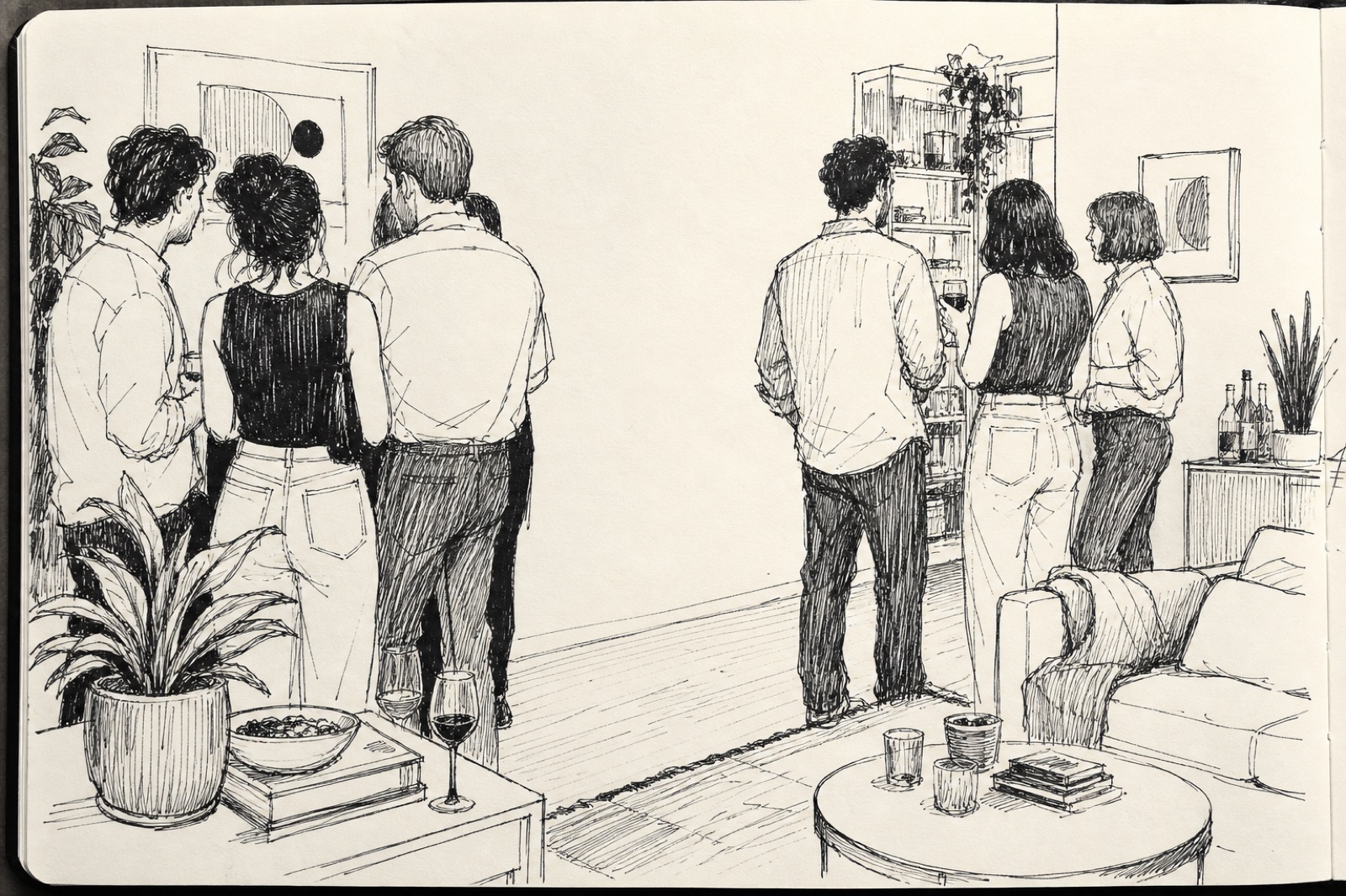Guests clustered in separate groups at a gathering