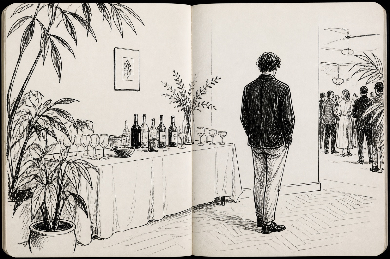 Someone alone by the drinks table