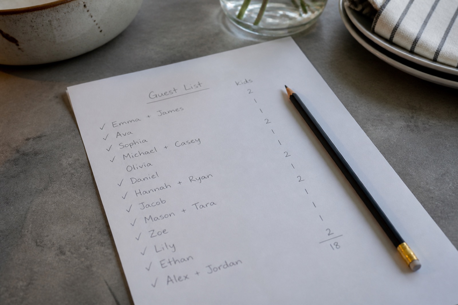 A handwritten guest list on paper