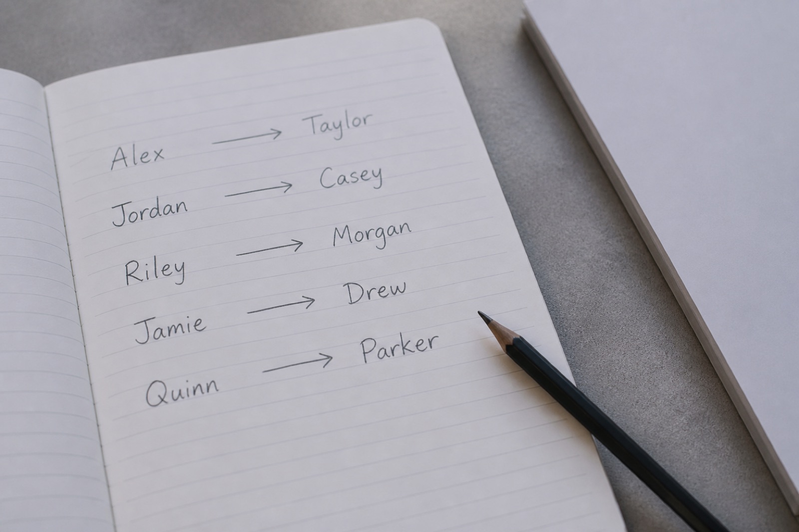 Names connected with arrows on a notebook page